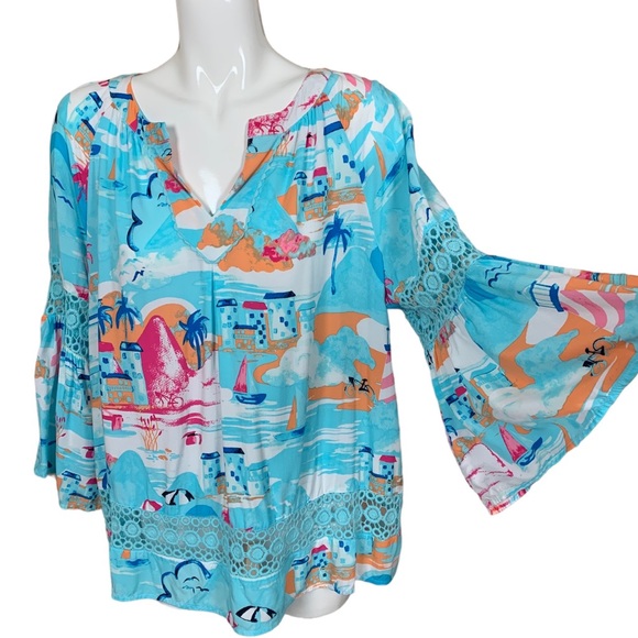 Crown & Ivy Belk Beach Print 3/4 Juliet Sleeves Crochet Inset Rayon Blouse XL - Picture 2 of 11